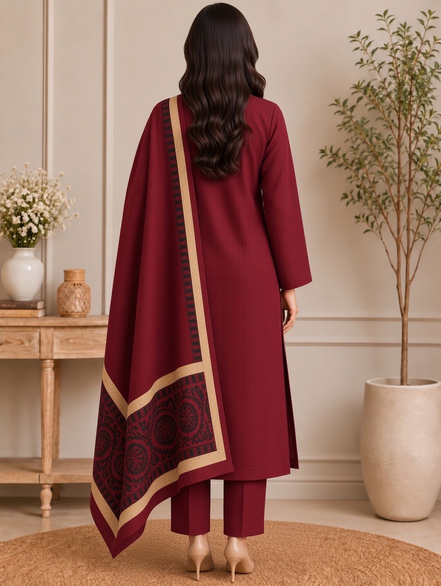 Bareeze Dhanak 3 Piece Unstitched Suit with Velvet Shawl-AT-06 - Image 2
