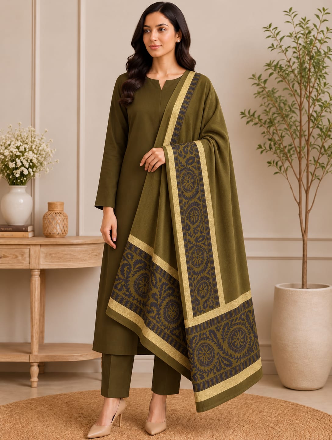 Bareeze Dhanak 3 Piece Unstitched Suit with Velvet Shawl-AT-02