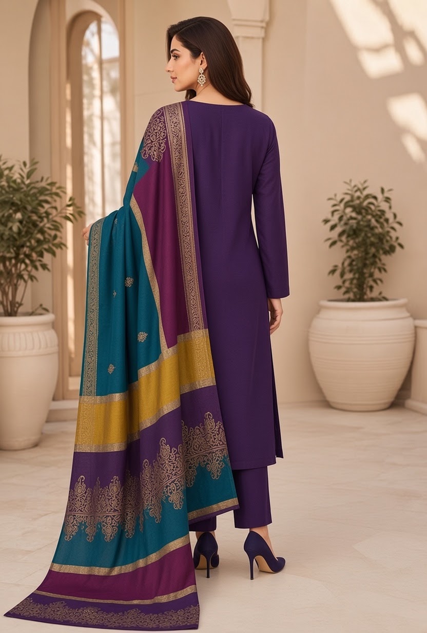 Dhanak 3 Piece Unstitched Suit with Sequence Wool Shawl ART-01 - Image 2