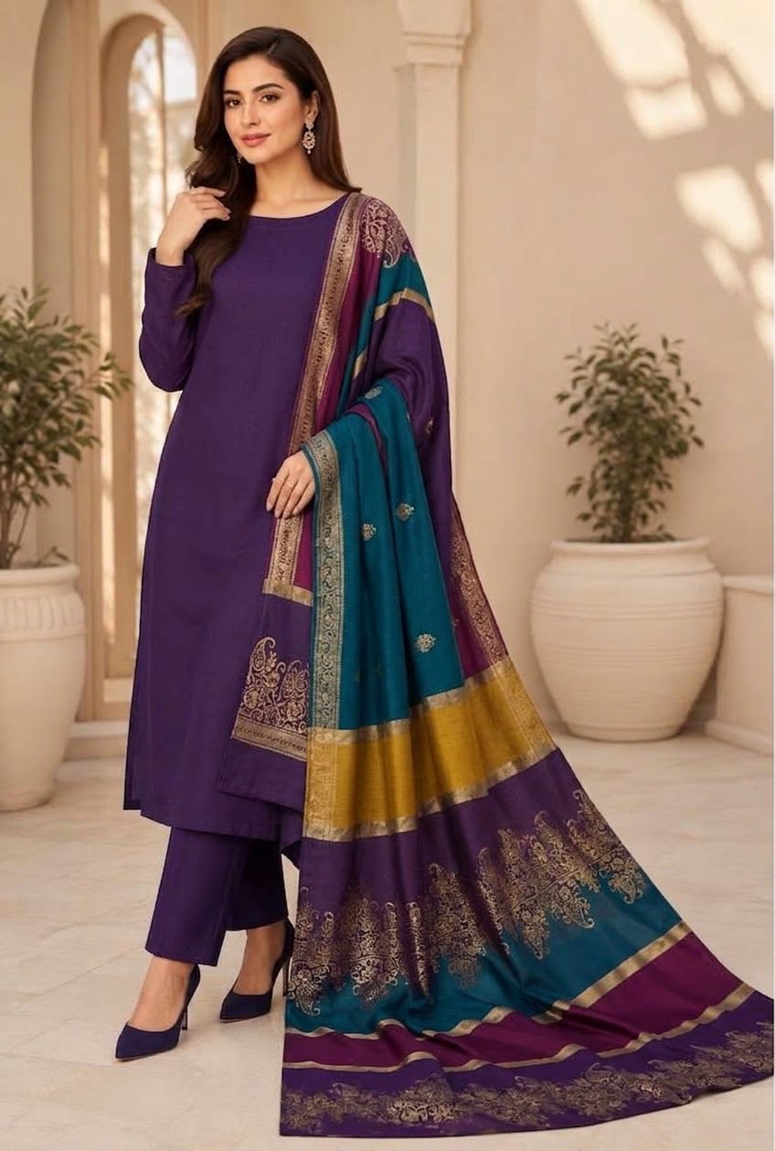 Dhanak 3 Piece Unstitched Suit with Sequence Wool Shawl ART-01