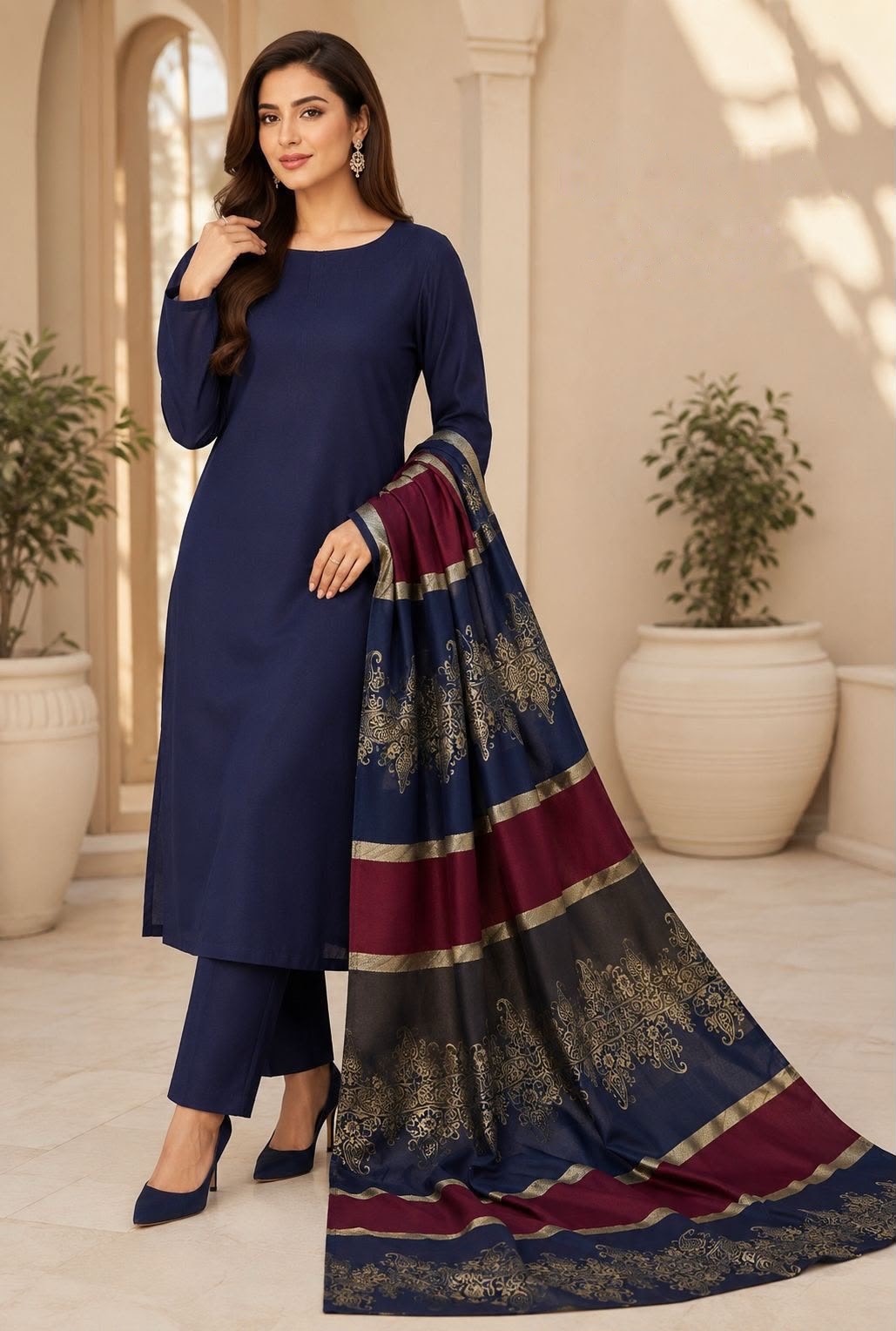 Dhanak 3 Piece Unstitched Suit with Sequence Wool Shawl ART-03