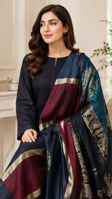 Dhanak 3 Piece Unstitched Suit with Sequence Wool Shawl ART-07 - Image 3