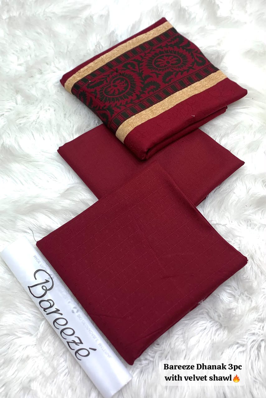 Bareeze Dhanak 3 Piece Unstitched Suit with Velvet Shawl-AT-06 - Image 3