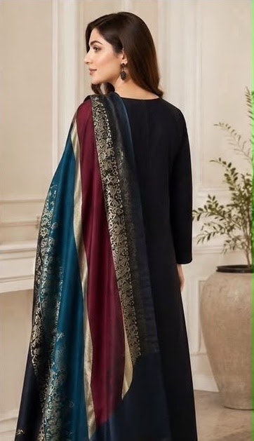 Dhanak 3 Piece Unstitched Suit with Sequence Wool Shawl ART-07 - Image 2