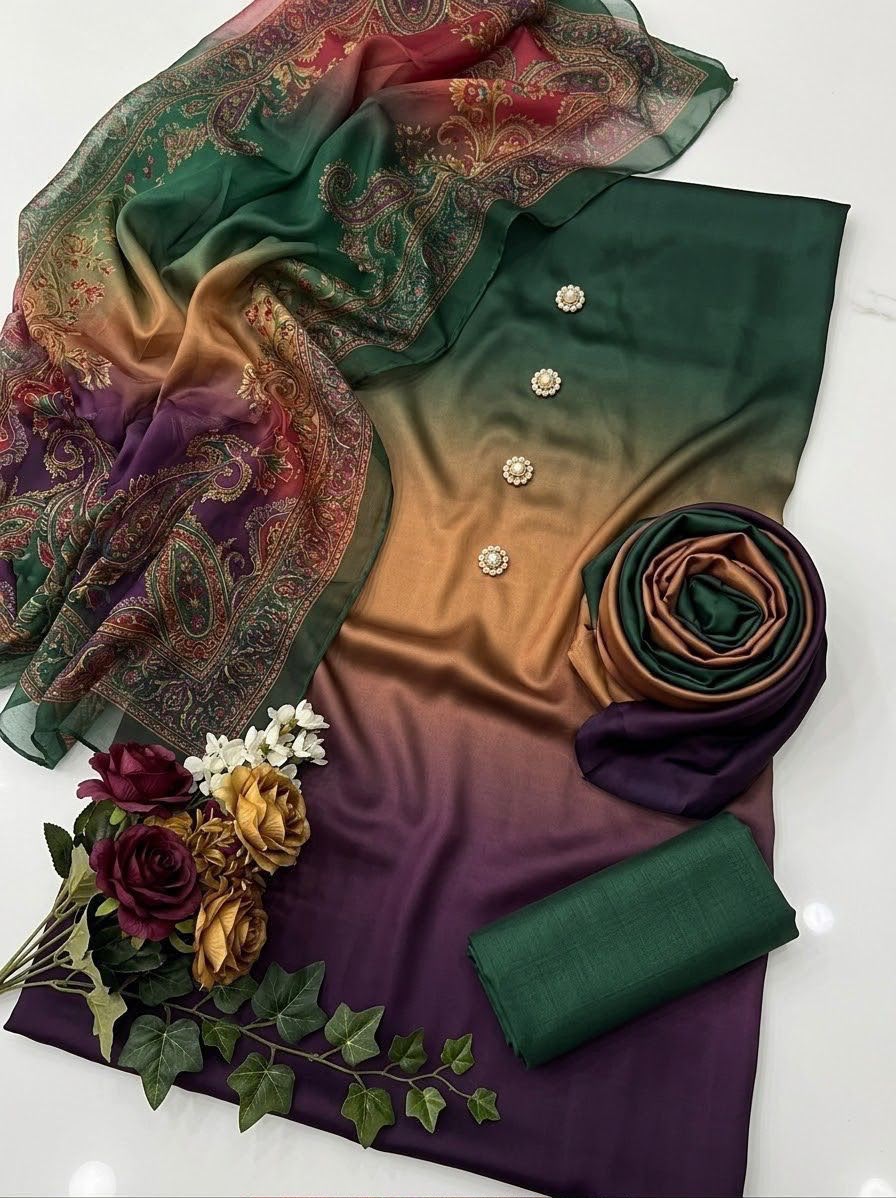 Shamooz Silk 3 Piece Unstitched Suit - Digital Printed Silk ART-022 - Image 2