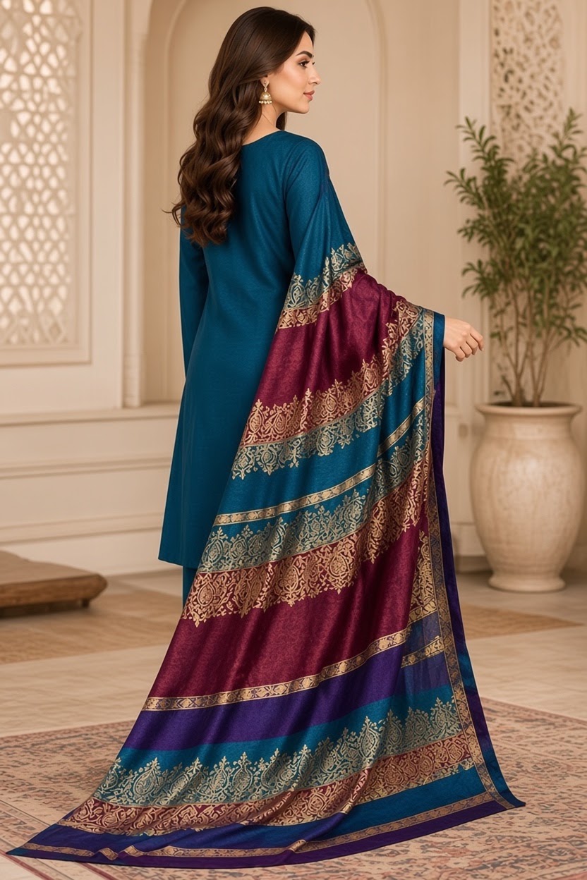 Dhanak 3 Piece Unstitched Suit with Sequence Wool Shawl ART-06 - Image 2