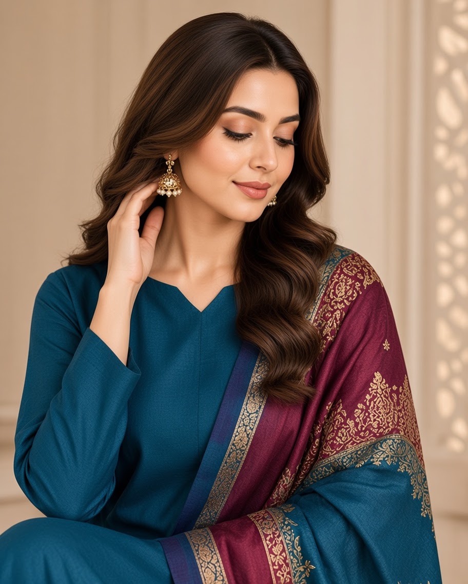 Dhanak 3 Piece Unstitched Suit with Sequence Wool Shawl ART-06 - Image 3