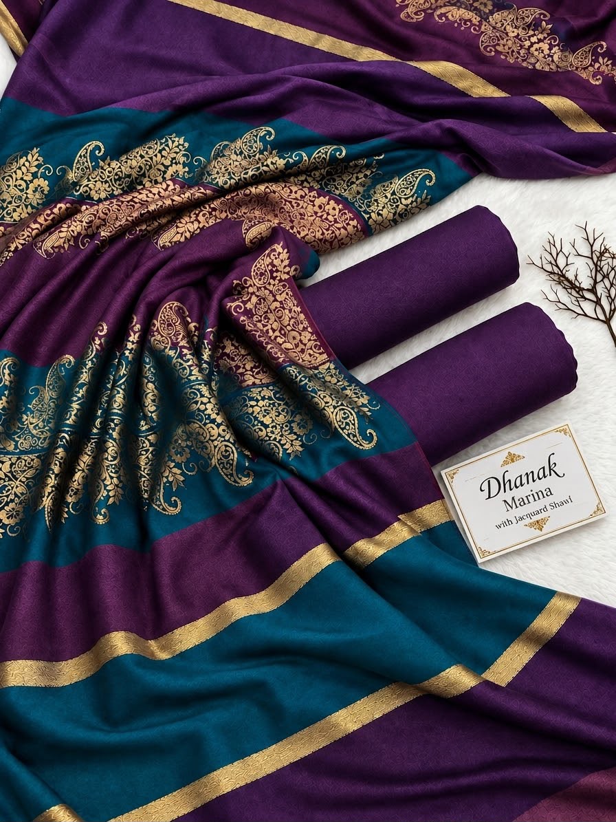 Dhanak 3 Piece Unstitched Suit with Sequence Wool Shawl ART-01 - Image 3