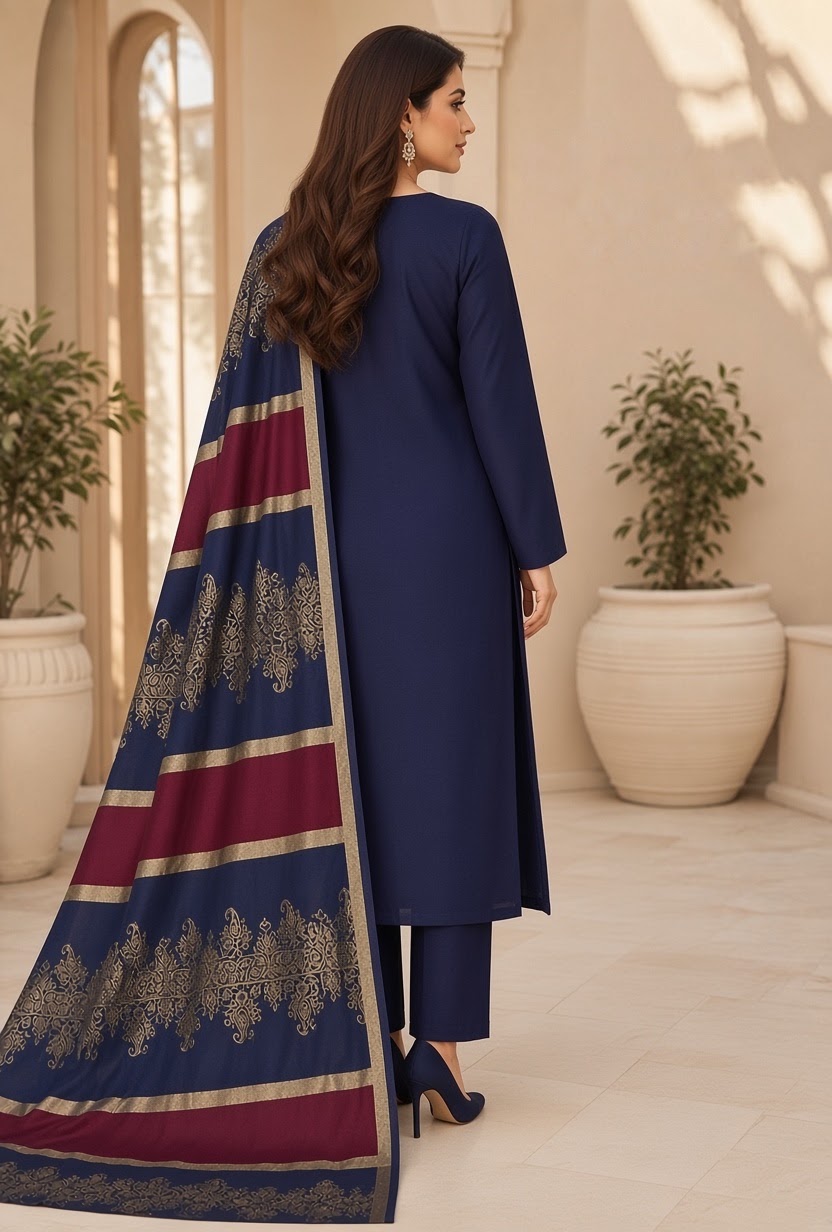 Dhanak 3 Piece Unstitched Suit with Sequence Wool Shawl ART-03 - Image 2