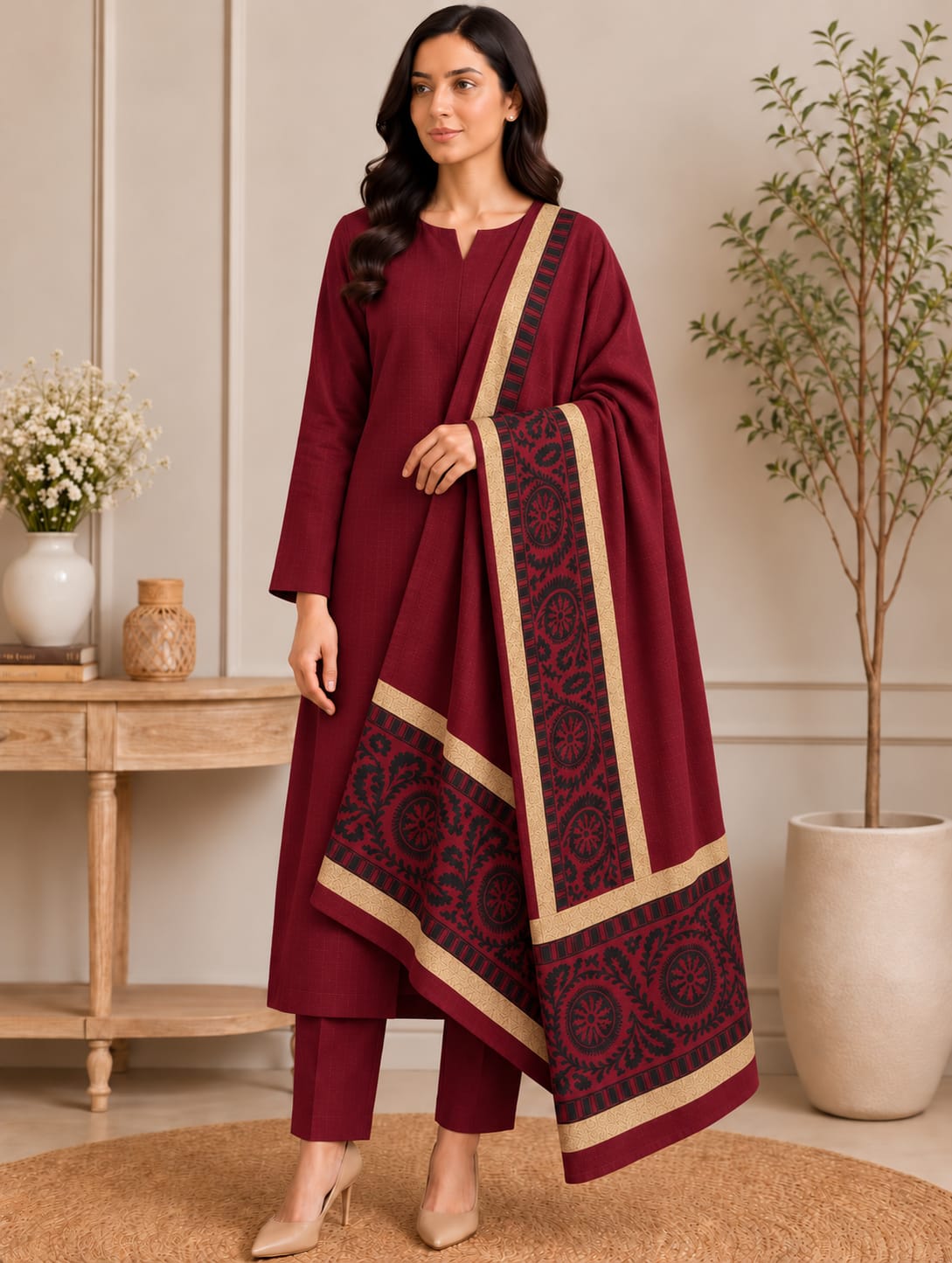 Bareeze Dhanak 3 Piece Unstitched Suit with Velvet Shawl-AT-06
